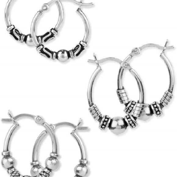 Sterling Silver Hoop Earrings Set of 2 and 3 Pairs Balinese 925 Jewelry